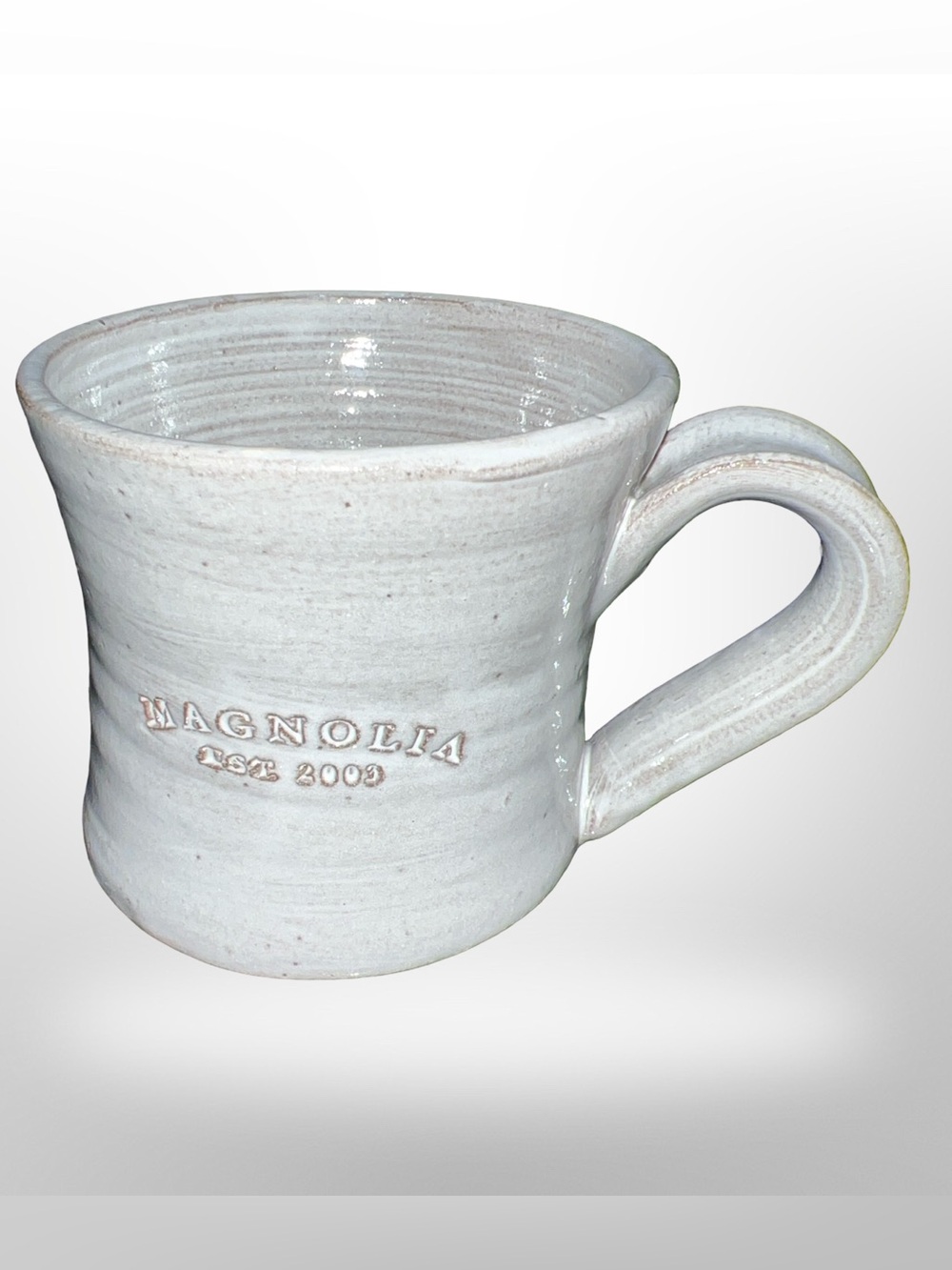 Magnolia Mug Gray 12oz Coffee Tea Cup Black Oak Art Stoneware Waco Texas Pottery
